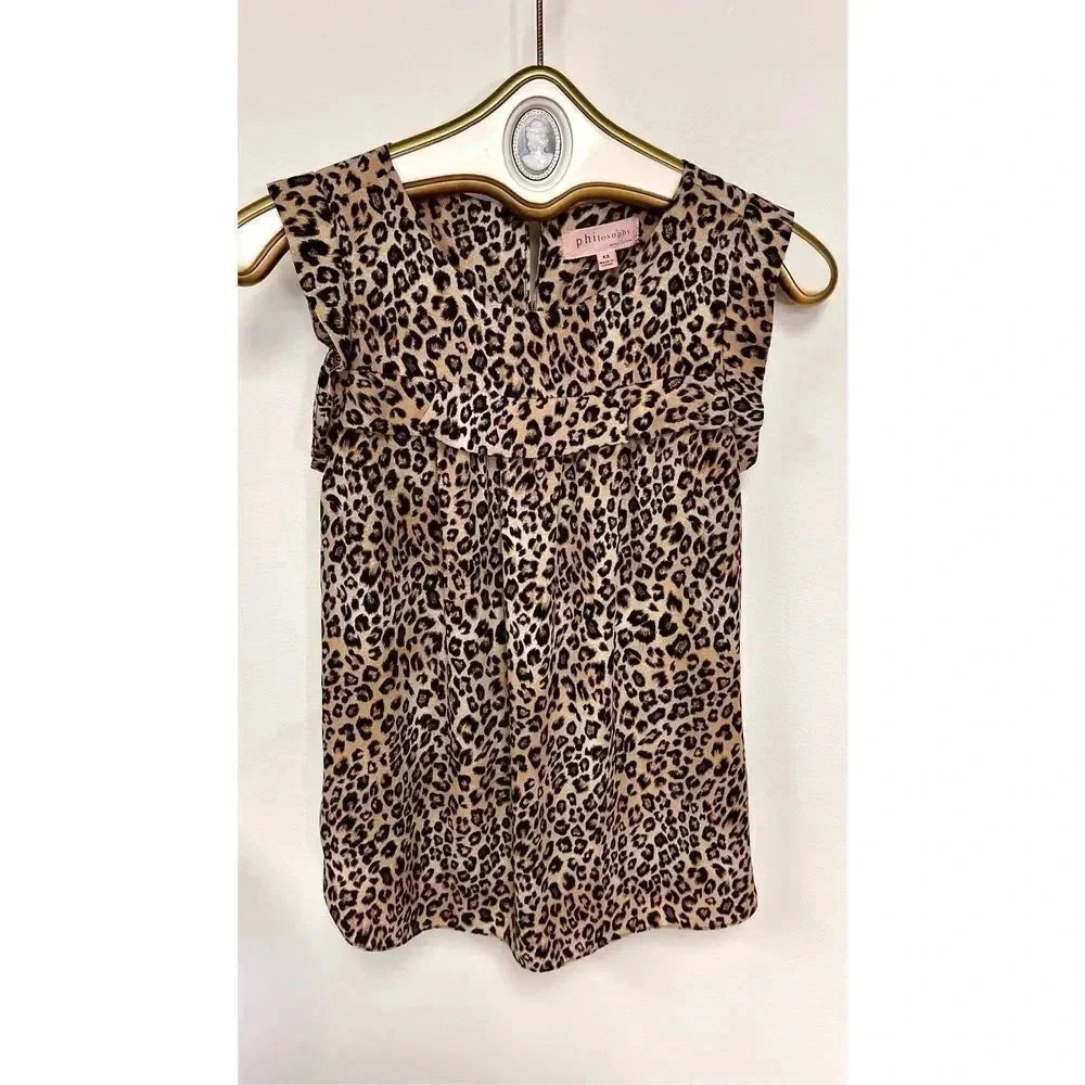 Philosophy Womens Brown Leopard Print Ruffle Pleated Keyhole Blouse Size XS